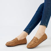Ecetana Women's Penny Loafers Slip-On Flats, Lightweight Brown Leather Walking Driving Shoes