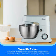 Midea MKM30130BPW 5-Quart Stand Mixer, 300W Motor, 6 Speeds, Tilt-Back Head, Stainless Steel Bowl, Blue