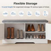 Concetta White Storage Bench, 39 Inch Width, Padded Seat with 26mm Sponge Cushion, Four Barn-Door Compartments, Adjustable Shelf, EPA-Certified Board