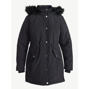 Time and Tru Women's Plus Hooded Anorak Jacket, Heavyweight Polyester, Mid-Length, Black Soot, Adjustable Waist, Removable Faux Fur Trim