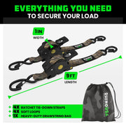 Rhino USA Camo Retractable Ratchet Straps, 1 Inch by 10 Feet, Green, With Soft Loop Tie Downs