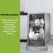 Hamilton Beach Portable Dishwasher, 8 Place Settings, 18 Inch Compact, Stainless Steel Interior, 6 Wash Cycles, Quick Faucet Connection, Rolling Caster Wheels