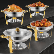 YXSC Round Chafing Dishes Buffet Set, 4 Pack, 5QT Gold Stainless Steel Food Warmer with Glass Lid