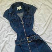 Elegantia Goods Sleeveless Denim Dress, Fitted Waist, Slim Fit, Blue, Mid-Length