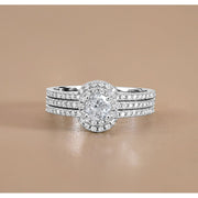 JeenMata 1 Carat Lab Grown Diamond Trio Wedding Ring Set, Round Cut Halo Statement Ring, 18K White Gold Plating, Women