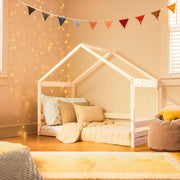 Little Seeds Trellis Toddler House Bed, Montessori-Inspired Design, True White, Crib Size, Pine Wood Frame