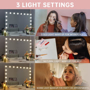 Fenchilin Vanity Mirror with 18 LED Lights, Adjustable Brightness, USB Charging, 32 x 23 in White Metal, Tabletop and Wall Mount, 5846