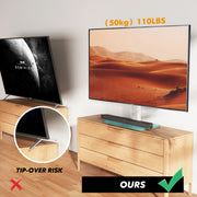 FITUEYES Swivel Universal Table Top TV Stand, Adjustable Height 34-43 in, Fits 43-80 in TVs up to 110 lb, White Glass Base