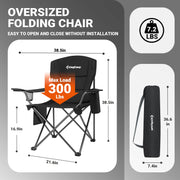 KingCamp Oversized Camping Chair, Heavy Duty 300 lbs Support, Fully Padded Ergonomic Design, Built-in Cooler Bag, Mesh Cup Holder, Large Side Pocket, Black