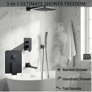 LIFERECORD 3-in-1 Matte Black Bathroom Shower Fixture with Rainfall Shower Head, Handheld Shower, Tub Spout, Brass Rough-In Valve ZX-HS610-BK