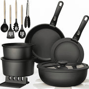 NULAS 21 Piece Cookware Set, Nonstick Ceramic Coating, Stackable with Detachable Handle, Oven Safe, Dishwasher Safe, Black, W-PPS-B