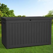 DEXTRUS Outdoor Lockable Waterproof 230 Gallon Resin Deck Box with Wood Panel Texture, Black, 56.3 x 31.1 x 31.8 in, DVDEXGNrj8