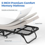 Bonhappy Rollaway Folding Bed, 75 x 31 in, Cot Size Guest Bed with 5-Inch Memory Foam Mattress, Narrow Portable Sleeping Cot with Lockable Wheels, Space Saving