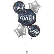 Anagram It's Your Day Satin Navy Foil Balloon Bouquet, Helium-Filled, 5 Pieces, Includes Ribbon and Balloon Weight