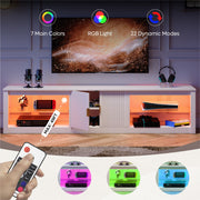 Bestier 80 Inch TV Stand, White High Gloss, RGB LED Lights, Storage Cabinet, Modern Fluted Console
