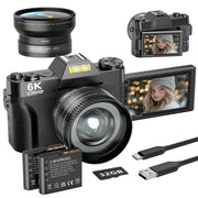 Saneen Compact Digital Camera, 6K Video, 64MP Photos, Wi-Fi Enabled, 3-Inch 180 Flip Screen, 16X Digital Zoom, Detachable 52mm Lens, Black, WX02