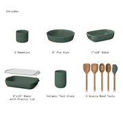 Beautiful 12-Piece Stoneware Bakeware Set with Acacia Wood Tools, Thyme Green, Oven Safe to 450F, Ceramic Crock, 29116