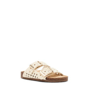 Madden Girl Bodie Women's Slide Sandal, Ornate Crochet Straps, Cushioned Footbed, Metallic Buckle Accents, Light Natural, Size 6.5
