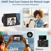 Brewene 4K Digital Camera, 64MP Ultra-High-Definition, Dual Lens with 16x Optical Zoom, Autofocus, 3-Inch IPS HD Screen, 32GB SD Card, Dual Rechargeable Batteries