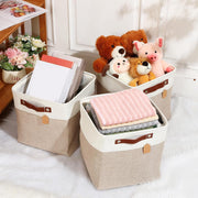 Unbranded 10 Pcs Collapsible Linen Storage Bins with Metal Handles, Foldable Fabric Rectangle Organizer for Home Closet Nursery, Beige and White, 12 x 12 x 12 in