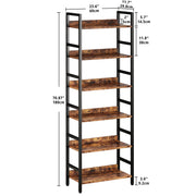 IRONCK 71 in Tall Bookshelf, 6-Tier Industrial Style Metal Rack with Brown Wood Shelves and Black Frame, Adjustable Shelves, Open Storage for Home Office