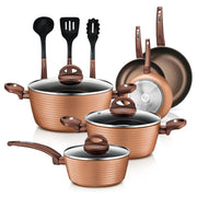 NutriChef 12 Piece Cookware Set, Nonstick Coating Inside and Outside, Heat Resistant Lacquer Exterior, Coffee Interior and Brown Finish, NCCW12BRW