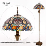 Werfactory Tiffany Style Floor Lamp, 16in Wide Stained Glass Crystal Bead Flower Shade, 64in High Bronze Antique Resin Base, 2 LED Lights Included