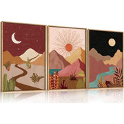 HPINUB Modern Boho Framed Canvas Wall Art Set, Colorful Moon and Sun Desert Painting, Southwest Landscapes, Rustic Mountain Decor, 16x24x3 in, Pack of 3