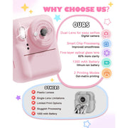Seckton Dual-Lens Instant Print Camera for Kids, 48MP Photos, 1080P Video, Thermal Printing, Pink, 1300mAh Battery