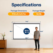 SPECSTAR 80 Inch Manual Pull Down Projector Screen, 16:9 HD Matte White, Retractable with Auto Locking, Wall or Ceiling Mount