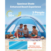 KFFKFF Beach Canopy Tent for 3 People, UPF 50+ Sun Protection, Lightweight Portable Sun Shelter with Carry Bag and Sand Pockets, Easy Setup