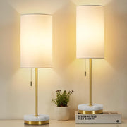 NATYSWAN Minimalist Table Lamp Set of 2, Gold Finish, Marble Base, Fabric Shade, Pull Chain, Small Desk Lamps for Bedroom and Living Room