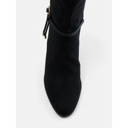 Scenario Women's Buckle Tall Dress Boots, Black, Knee-High, Mid 3.11-Inch Block Heel, Zip Closure