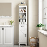 IDEALSOUL Tall Bathroom Storage Cabinet, Narrow Freestanding Linen Cabinet with Barn Door, Drawer, White