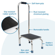 BodyMed Heavy-Duty Step Stool with Handle, Non-Slip Rubber Platform, 9.5 in Step Up, 18 in L x 11.5 in W x 34 in H, Chrome