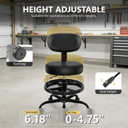 Primy PY-T01-Black Garage Stool with Adjustable Height, Ergonomic Backrest, Footrest, Storage Trays, Swivel Task Chair with Wheels, Heavy-Duty Steel Frame, Black,