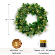Silensys 24 Inch Pre Lit Artificial Christmas Wreath With 40 LED Warm Yellow Lights And 140 PVC Tree Branch Tips With Timing Function, Green