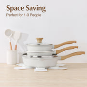 Sensarte Ceramic Nonstick Cookware Set, 10 Pieces, Induction Compatible, White, Wood Grain Handles