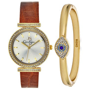 Jessica Simpson Ladies 34mm Gold Tone Crystal Accent Mother of Pearl Dial Watch and Crystal Encrusted Panther Bangle Set JWB0003GD