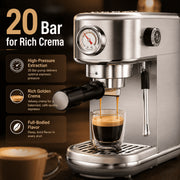 Amumu 20 Bar Espresso Machine with Steam Wand Milk Frother, Pressure Gauge, Compact Stainless Steel Coffee Maker, Silver, EM3111