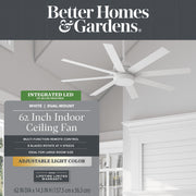 Better Homes & Gardens 62 in Ceiling Fan with Adjustable Color-Changing LED Light Kit, Reversible AC Motor, Remote Control, White or Barley Finish, 10463