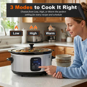 Bluebow 6QT Slow Cooker, 3 Heat Settings with Auto Keep Warm, Non-Stick Removable Stoneware Pot, Stainless Steel