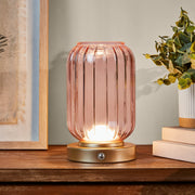 Mainstays Lucidity Lights Rechargeable 8.5 in Ribbed Pink Glass Uplight with Gold Metal Base and Dimmable LED Touch Control