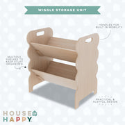House of Happy Wiggle Two-Tier Storage Unit, Natural Finish, Durable Manufactured Wood, Compact Bookshelf with Whimsical Wavy Design