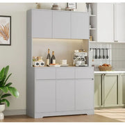 Homfa Kitchen Pantry Cabinet with Charging Station and LED Light, 3-Drawer Storage Cabinet with Adjustable Shelves, Gray