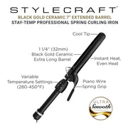 StyleCraft Stay-Temp Black Gold Ceramic Hair Curling Iron, 7-Inch Extended Barrel, 1.25 Inch, SCSC125BXL