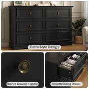 IDEALSOUL Black 6 Drawer Dresser, Vintage Wood Storage Cabinet with Waterproof Surface and Bronze Handles