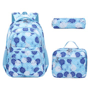 Forestfish Teen Backpack Set with Daisy Print, Water-Resistant Nylon, Includes Insulated Lunch Bag and Pencil Case, Large Blue School Bag