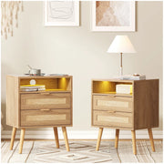 Vabches Vab-9999 Rattan Nightstand Set of 2 with USB Ports and LED Lights