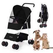 ZOOLIKE 4-Wheeled Pet Stroller for Cats & Dogs Foldable Travel Carrier with 360-Degree Swivel Black